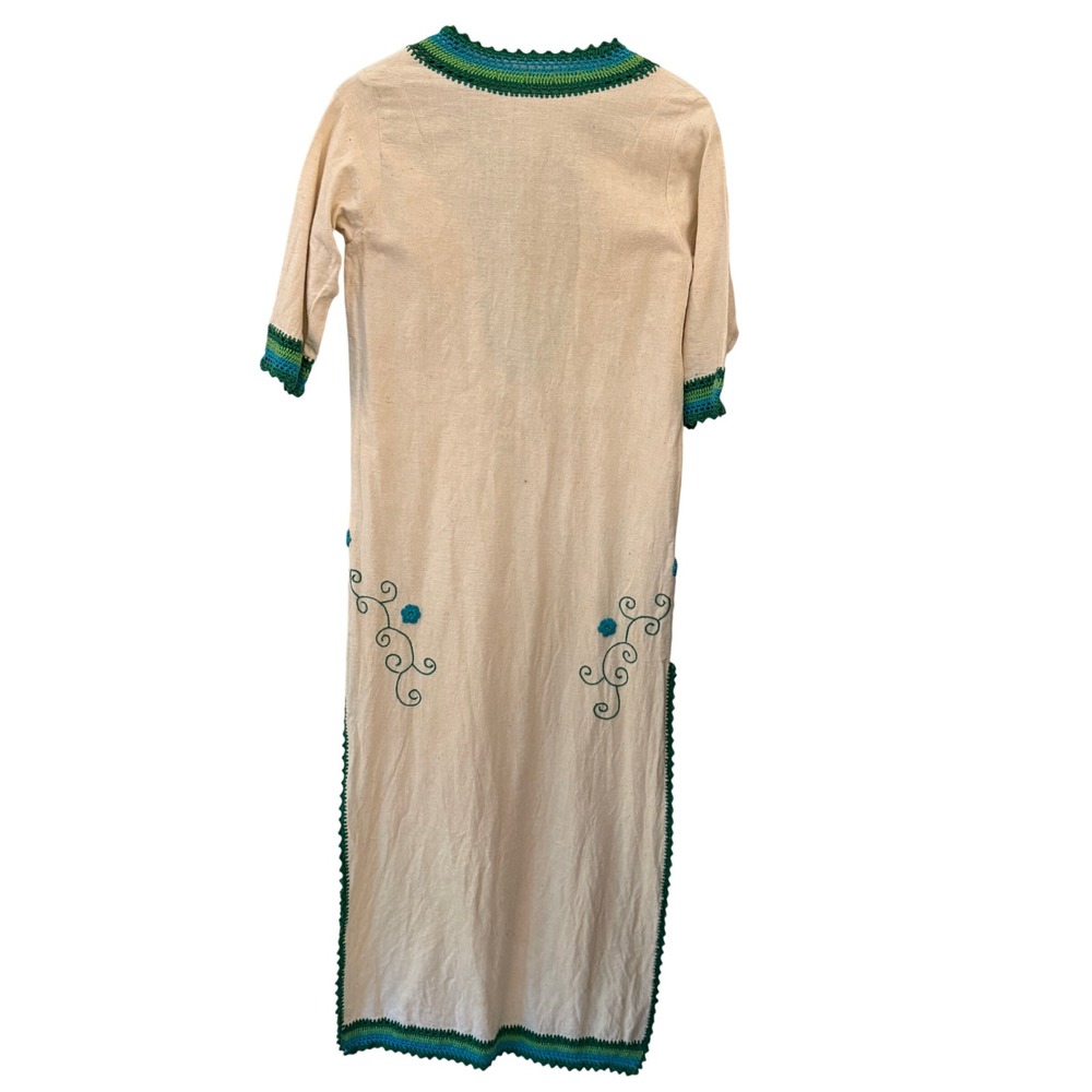 Handmade Crochet Maxi Dress M Cream Green Boho Festival Vintage Embroidered - Picture 2 of 6